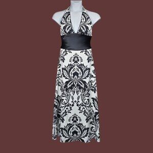 White House Black Market Black White Floral Print Halter Neck Maxi Dress Size 6